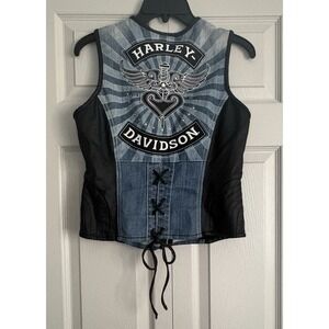 Harley Davidson Women's Lace Up Denim‎ Embroidered Logo Zip Up Size Medium